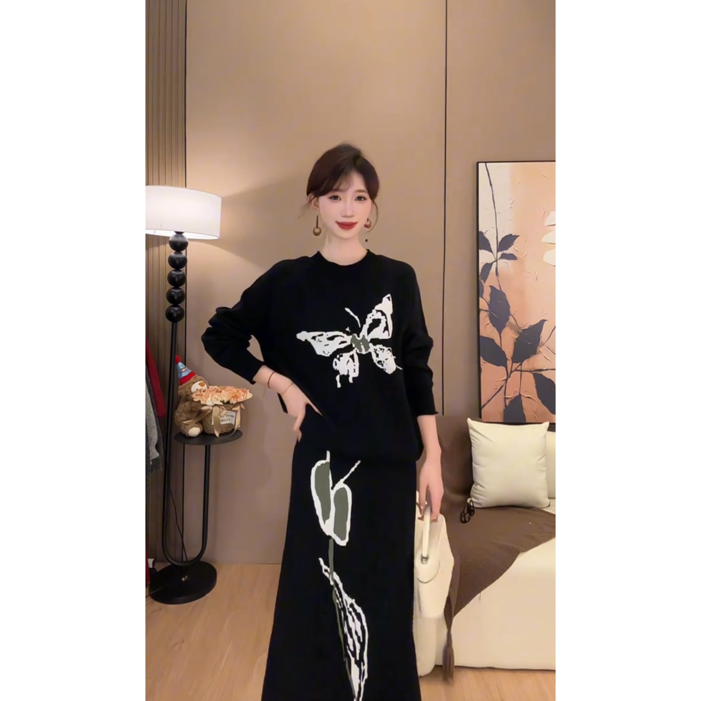 秋冬装搭配一整套国风新中式蝴蝶套头针织毛衣半身裙两件套装#601