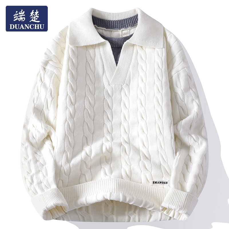 翻领麻花套头毛衣男秋冬新款加厚慵懒风V领潮流针织衫宽松上衣
