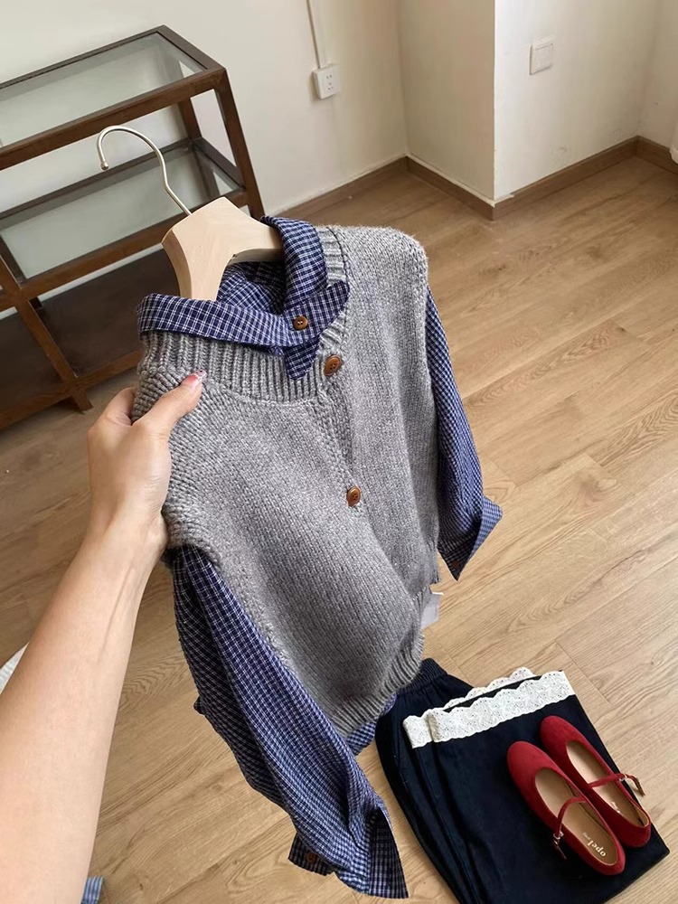 2025新款韩系穿搭蓝色衬衫灰色马甲两件套装女春整套高级感搭配潮