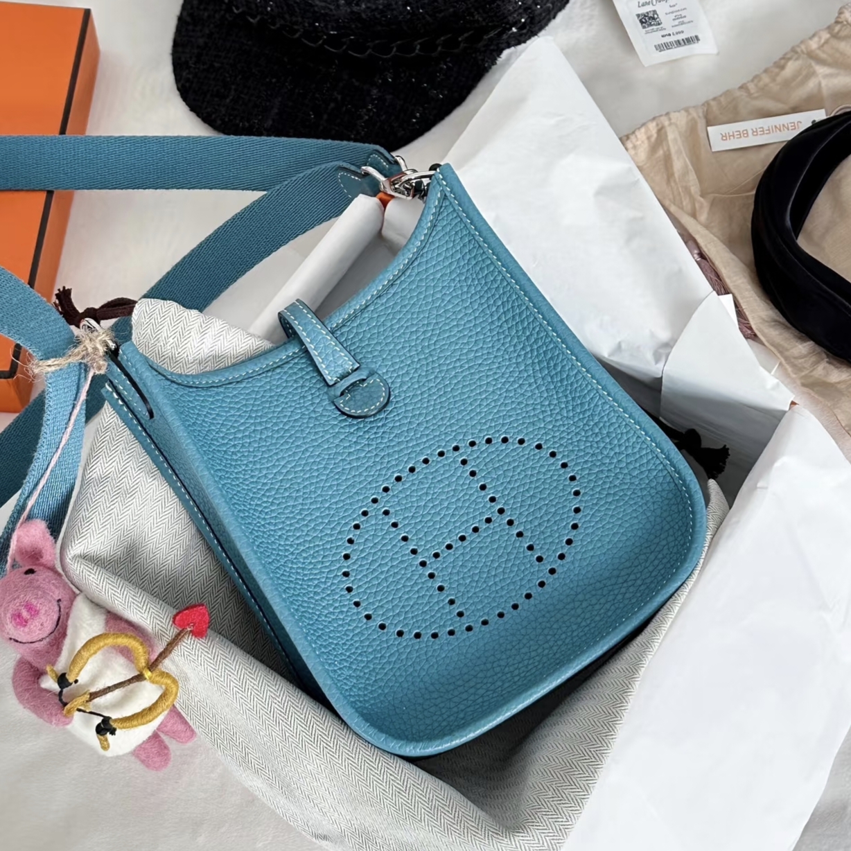 未使用 Hermes/爱马仕 牛仔蓝银扣 mini伊芙琳 斜挎包 K刻