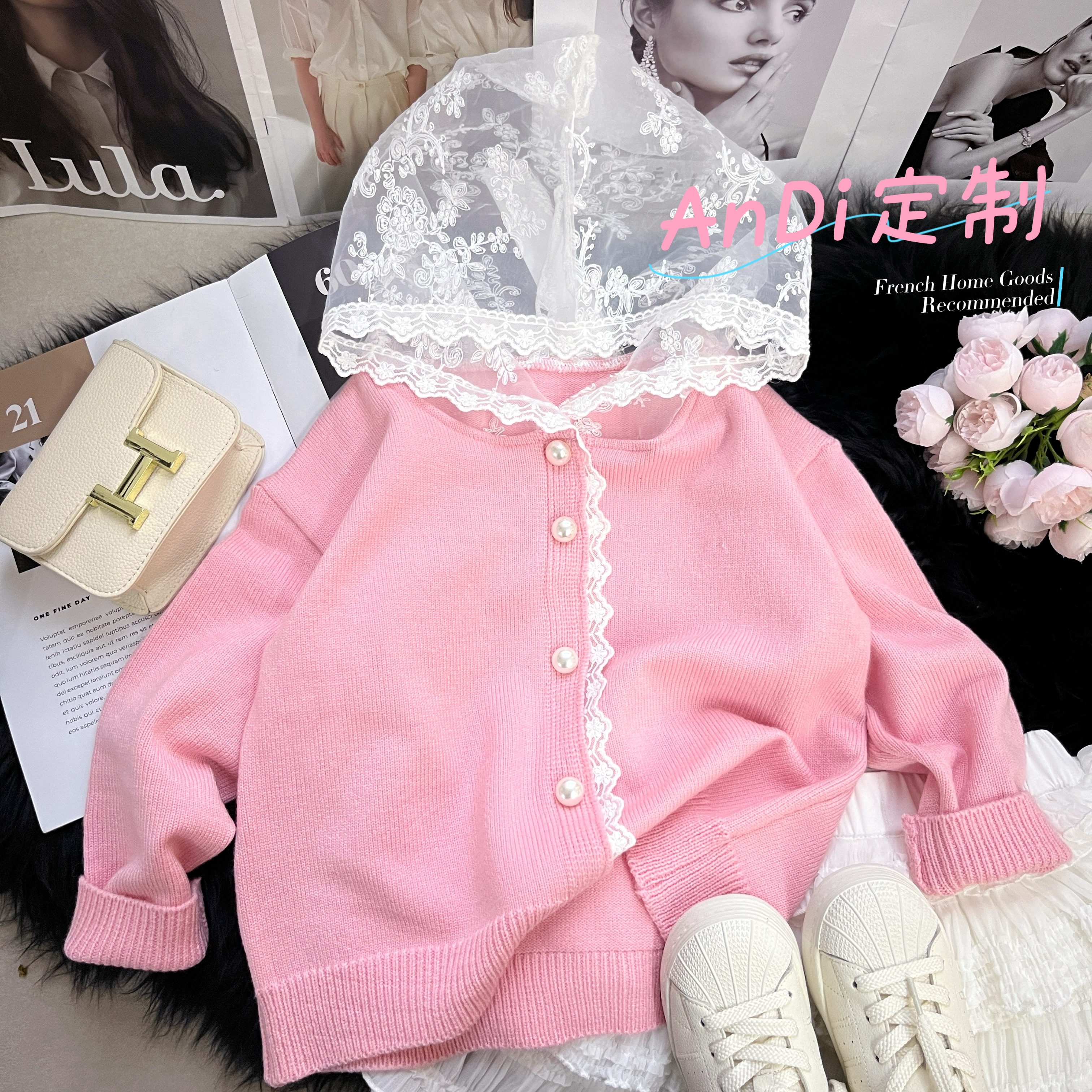 〖ANDI〗订制春季新款韩系女童蕾丝连帽拼接针织开衫3541