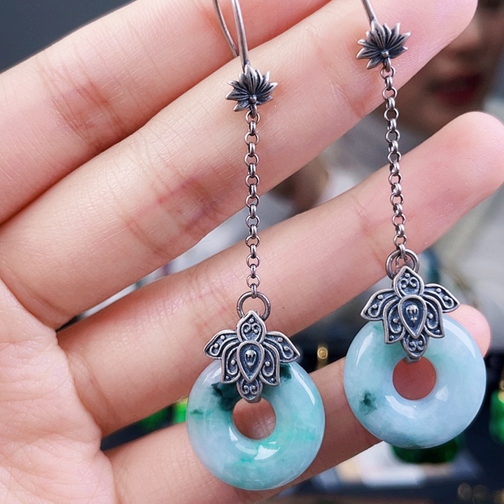 翡翠耳饰银S925镶嵌饰品