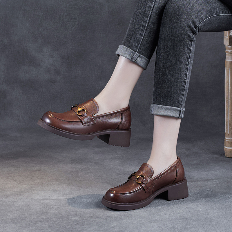 2025年新款头层乐福鞋高跟单鞋女粗跟增高厚底松糕小皮鞋爆款