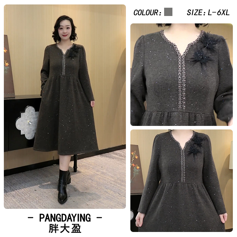 胖大盈大码女装气质V领裙子新款全身细闪设计感连衣裙ZSX25A0580