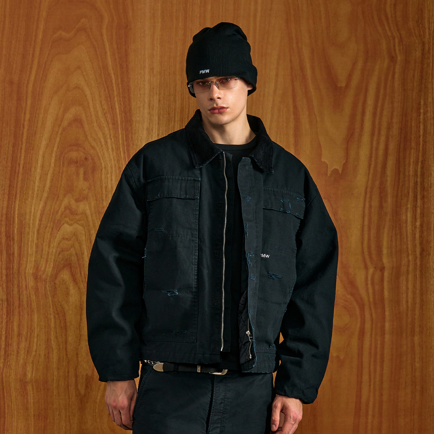 PMW 做旧破坏工装夹克男重磅帆布纯棉灯芯绒领水洗宽松休闲外套冬
