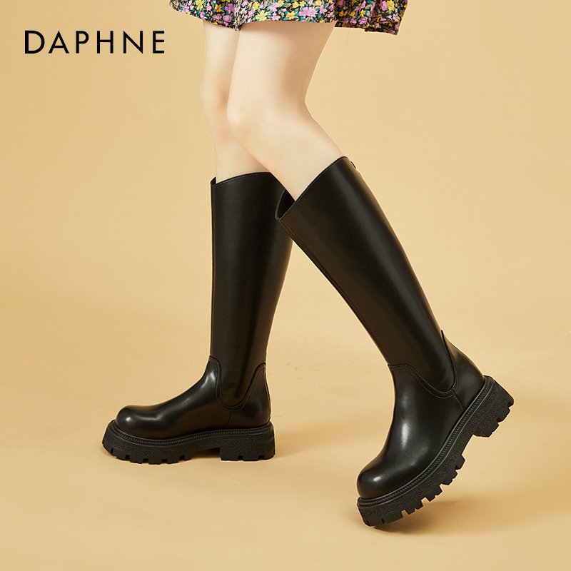 Daphne/达芙妮厚底直筒靴女2025年新款加绒不过膝长靴百搭骑士靴