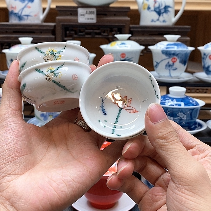 手绘3个装五色彩莲60cc杯子釉下彩微瑕福利款