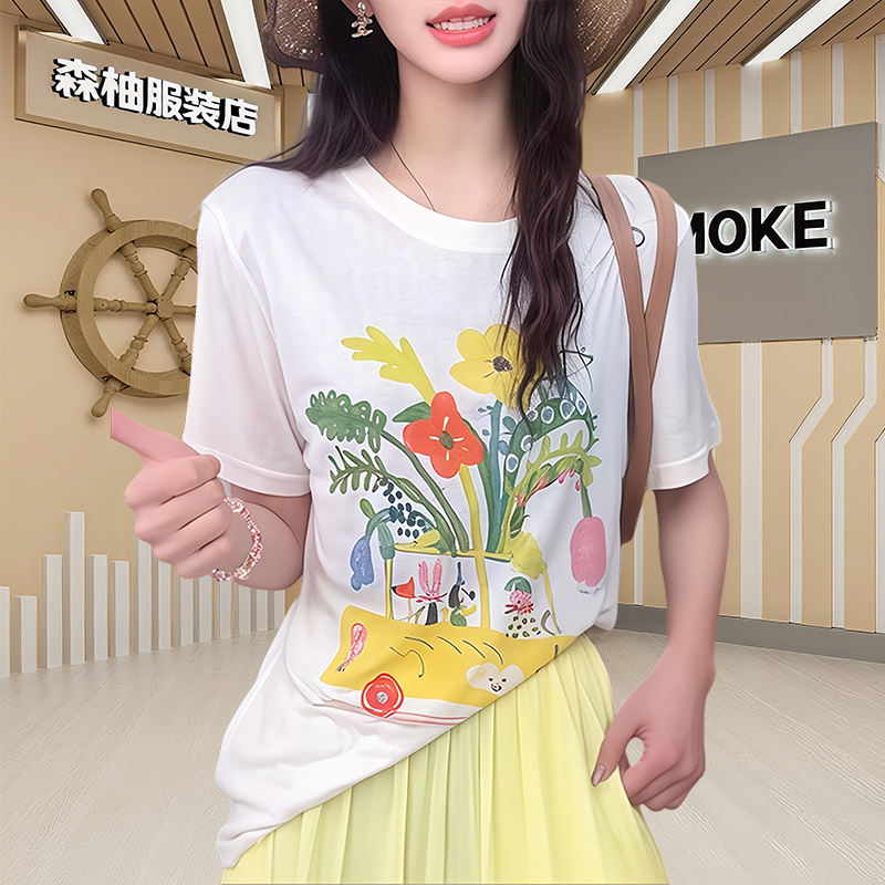 休闲风卡通印花圆领短袖t恤女款夏季时尚小众宽松透气薄款上衣ins