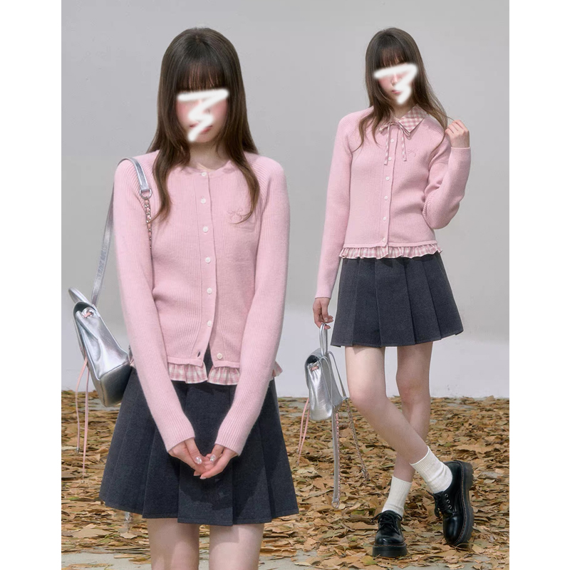 素描与情书'学院风可拆卸格纹领蝴蝶结刺绣毛衫