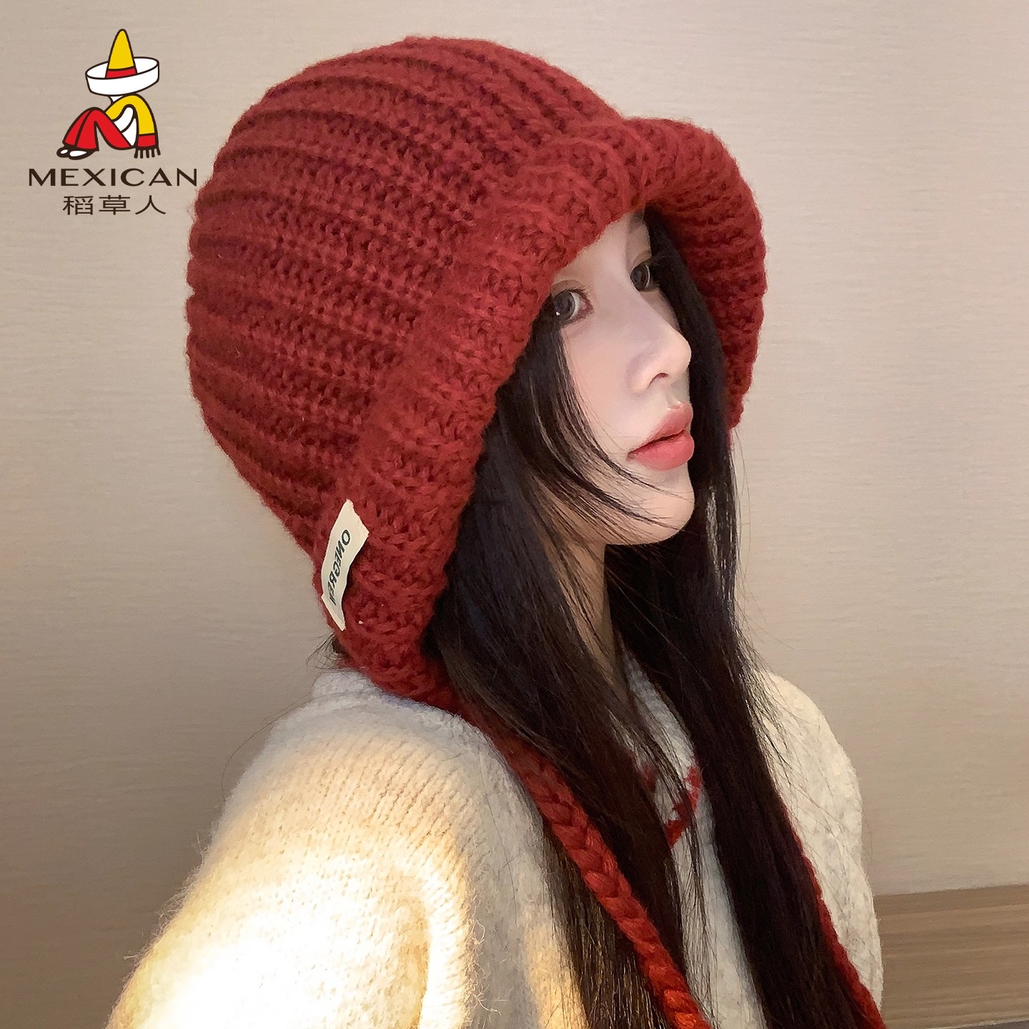Mexican/稻草人帽子女冬季毛线帽巴拉巴克法帽冬天红色针织大头围