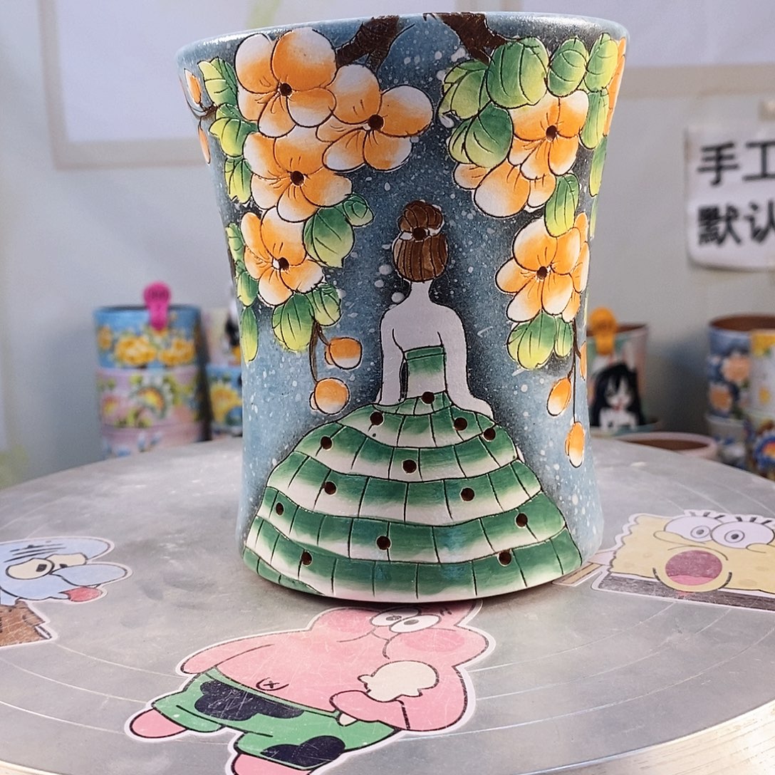 紫砂花盆红陶手绘花盆