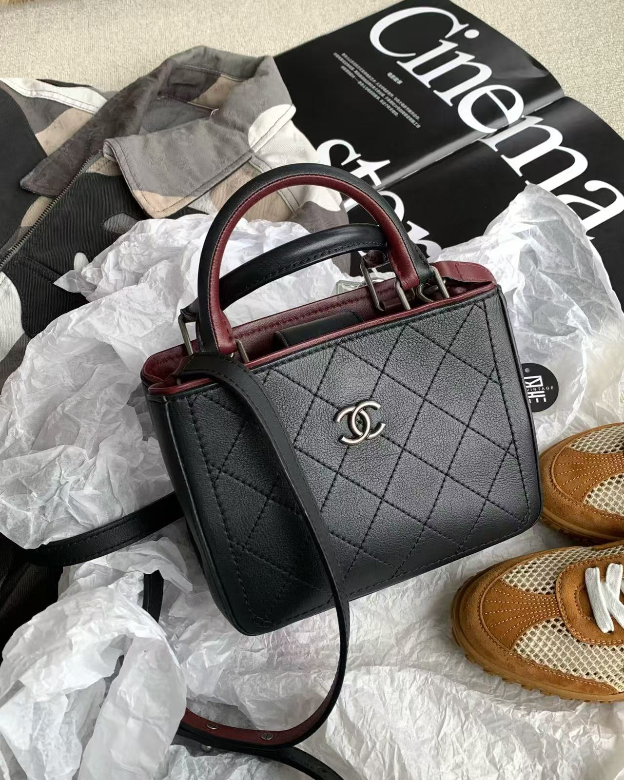95新 Chanel/香奈儿 黑银菱格mini 托特包 20cm 18731696