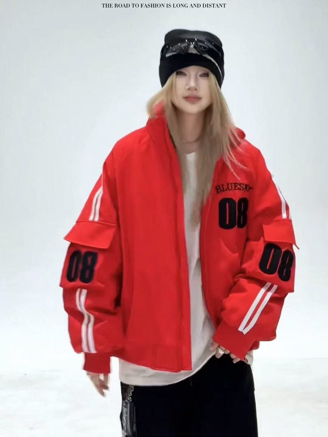 379-381潮牌男女同款白鸭绒立领贴布绣数字08宽松阔版羽绒服