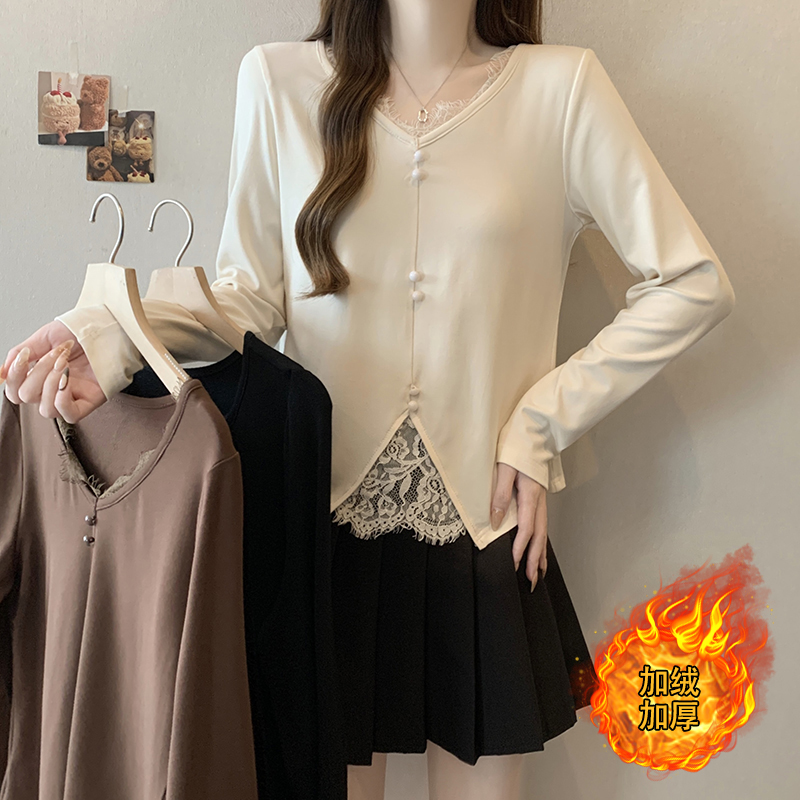Q新款胖mm大码女时尚百搭加厚蕾丝边长袖打底衫T恤A1014