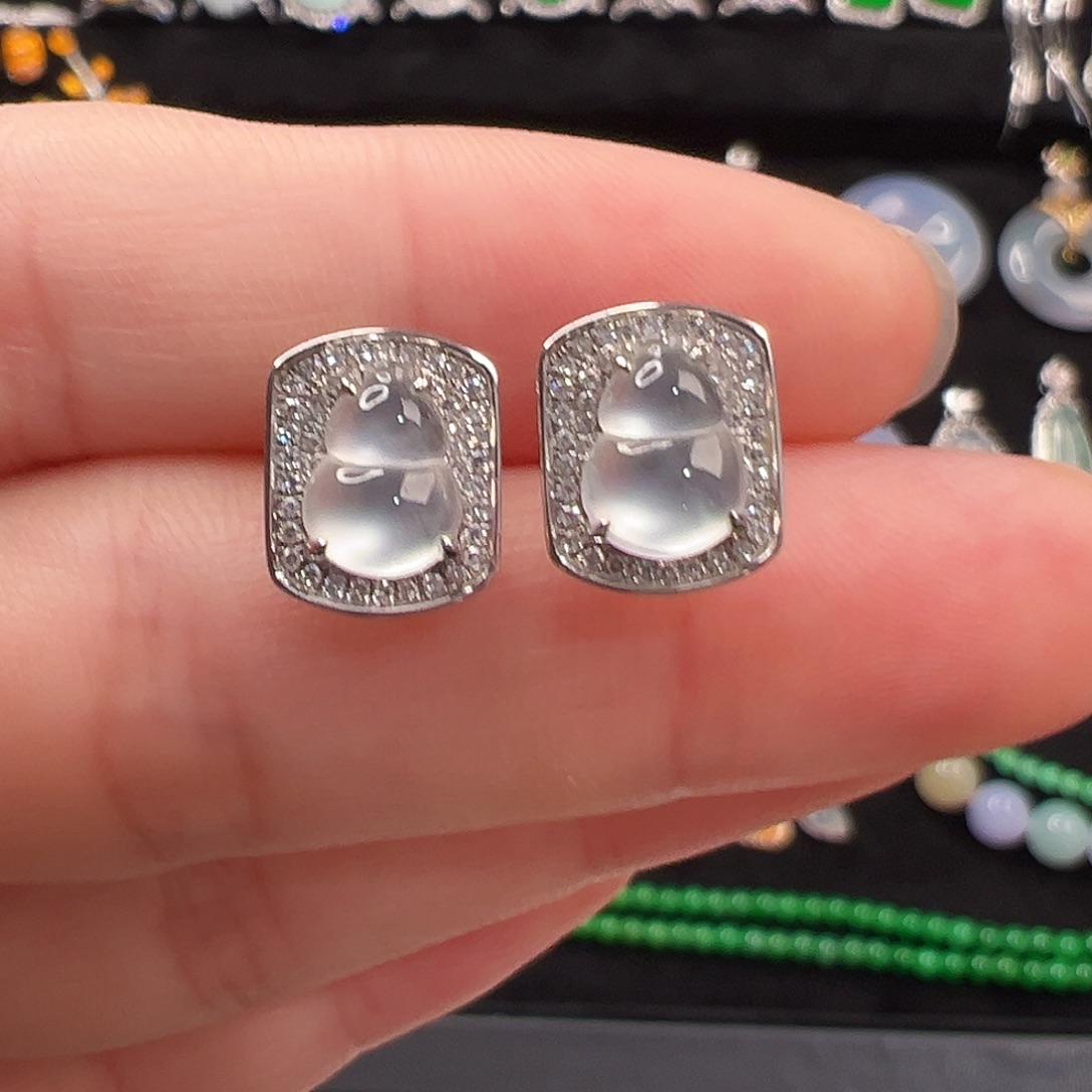 翡翠18K金镶嵌耳饰玻璃种葫芦耳钉