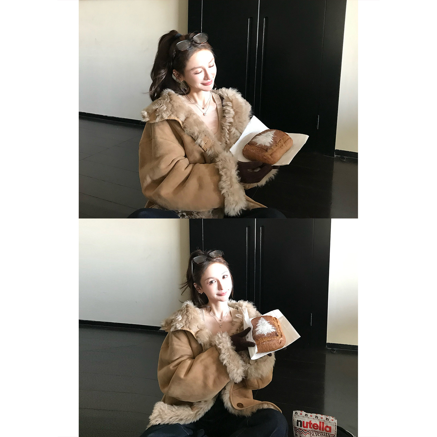 "焦糖栗绒"西班牙进口托斯卡纳羊毛大翻领~复古皮毛一体皮草外套