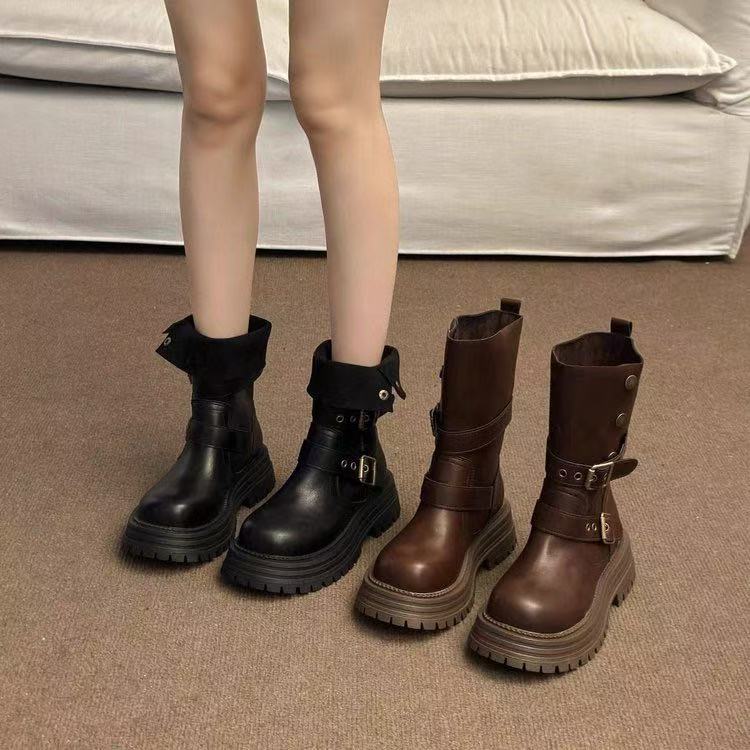 【运费保障】两穿翻折马丁靴女款英伦风夏秋复古中筒厚底短靴
