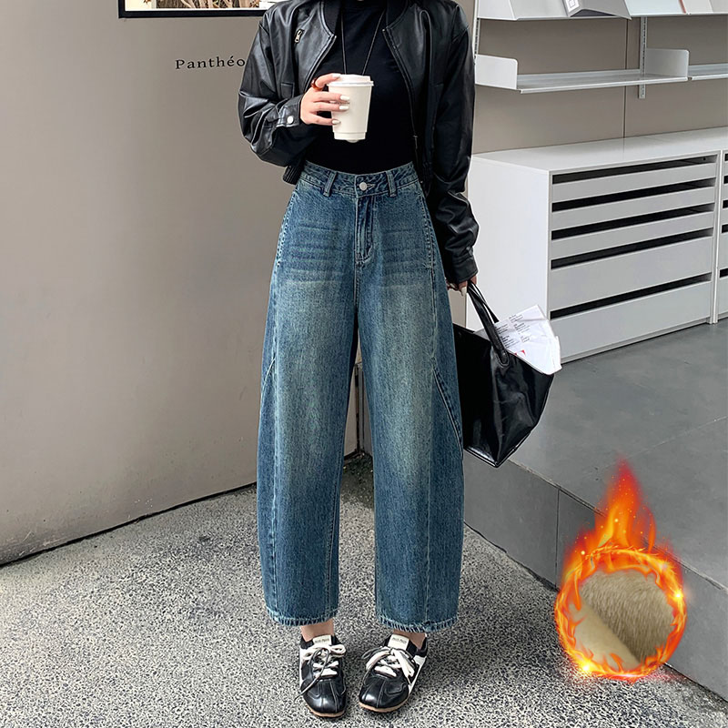 2025秋冬加绒宽松老爹裤小个子胖mm显瘦遮肉九分高腰弯刀牛仔裤女