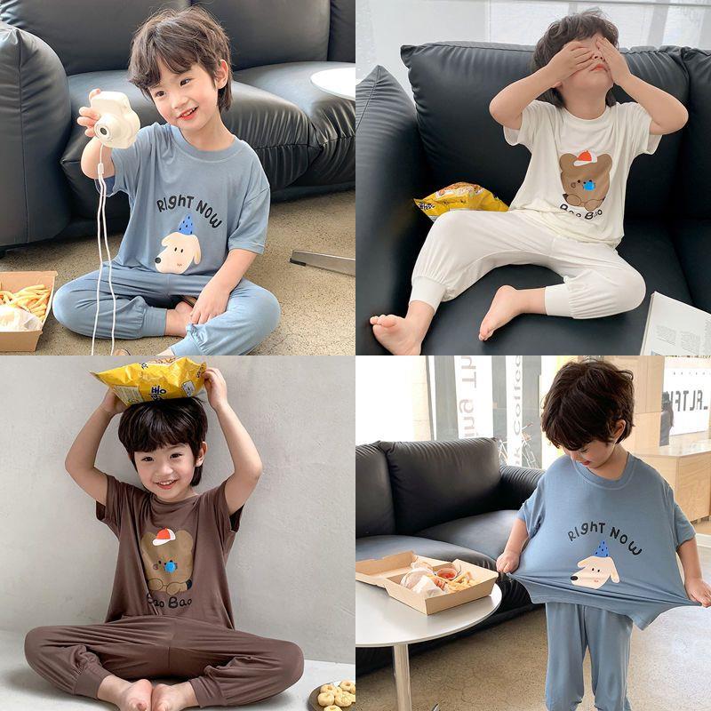 莫代尔儿童空调服夏季宽松薄款柔软女童男童宝宝束脚睡衣家居服潮
