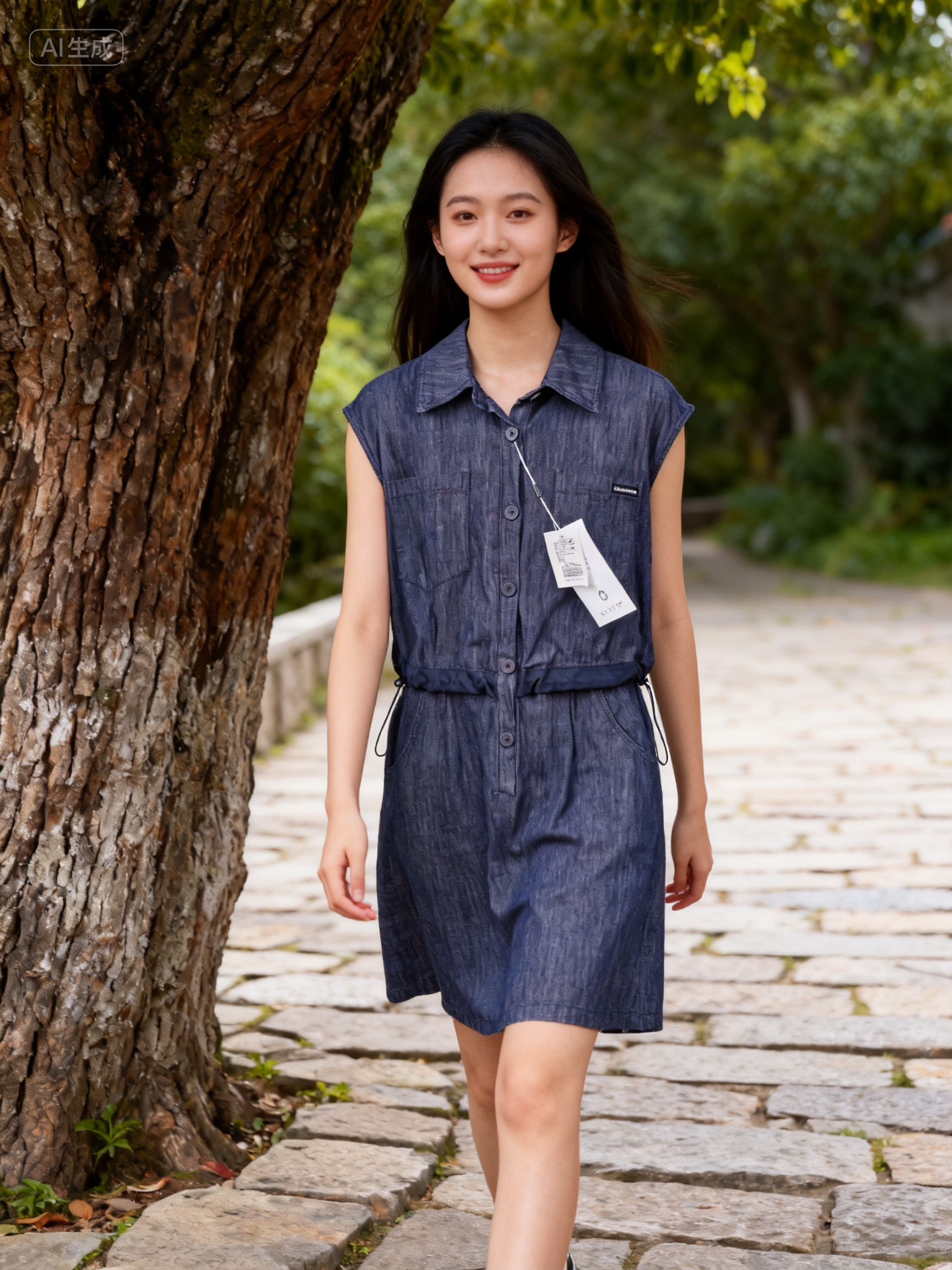 短袖蓝色牛仔裙A字裙春夏季百搭无袖显瘦女装连衣裙单排扣