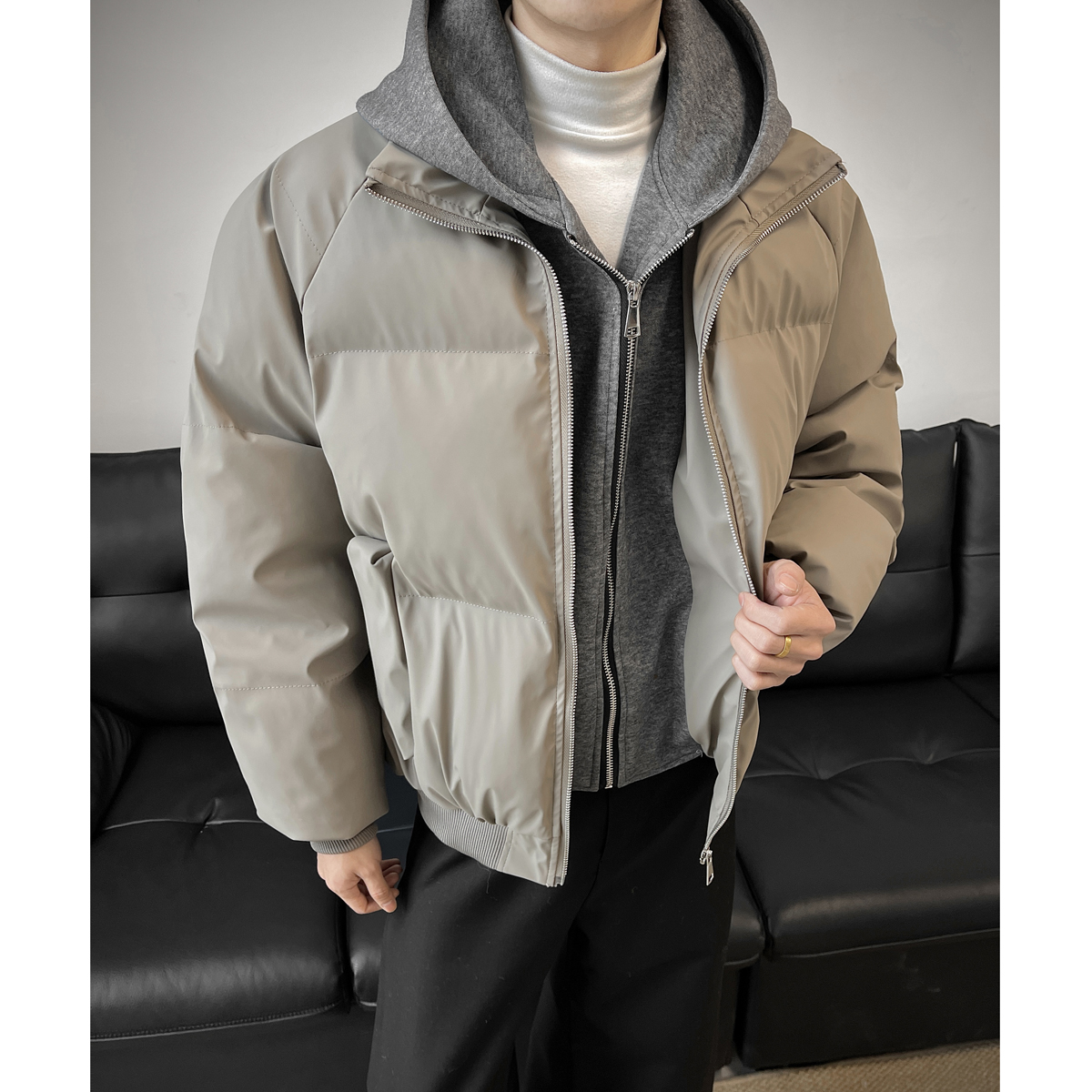 PU皮假两件连帽夹克棉服男冬季加厚保暖棉衣外套美式短款廓形棉袄