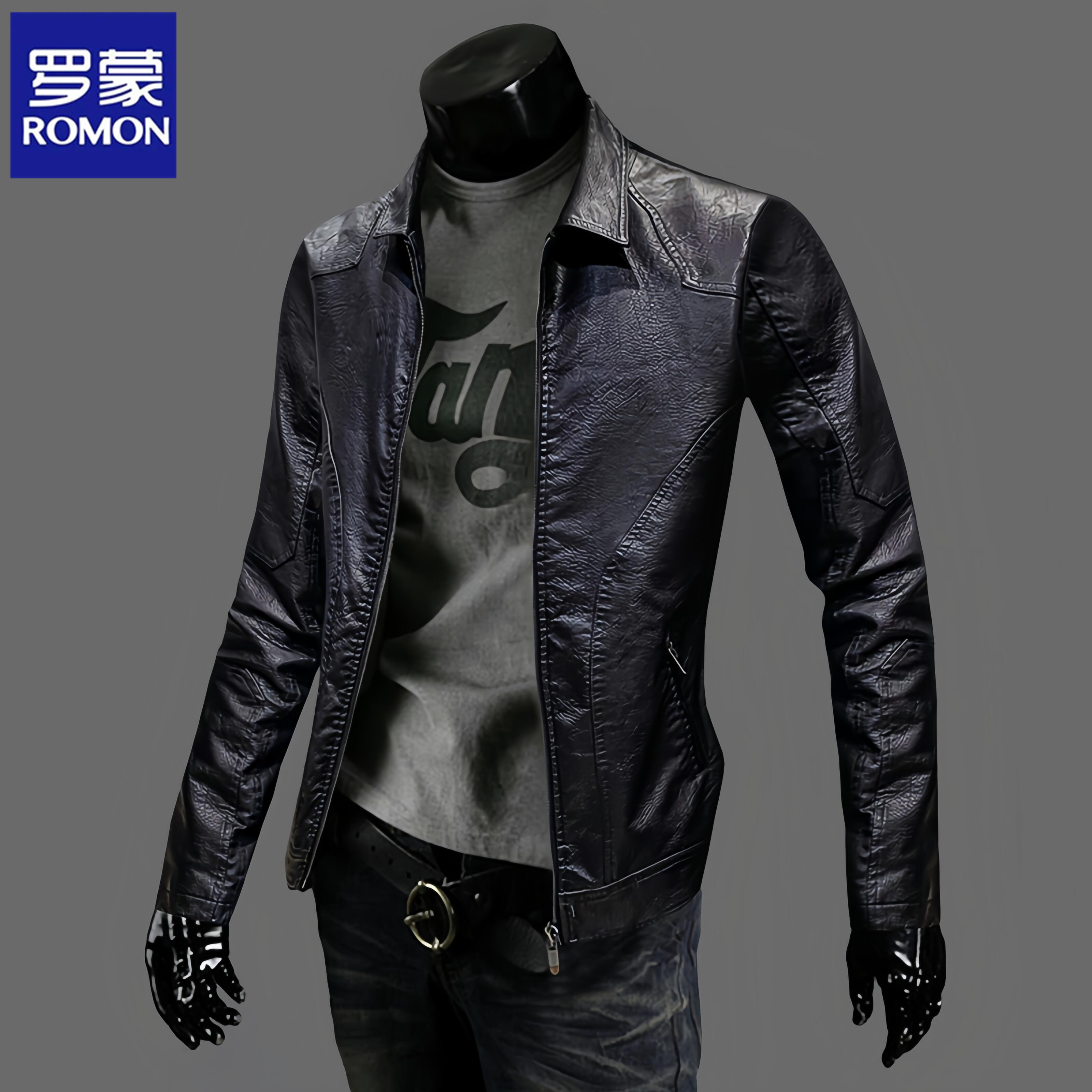 Romon/罗蒙秋冬加绒皮衣翻领帅气拉链韩版男士休闲夹克翻领外套潮
