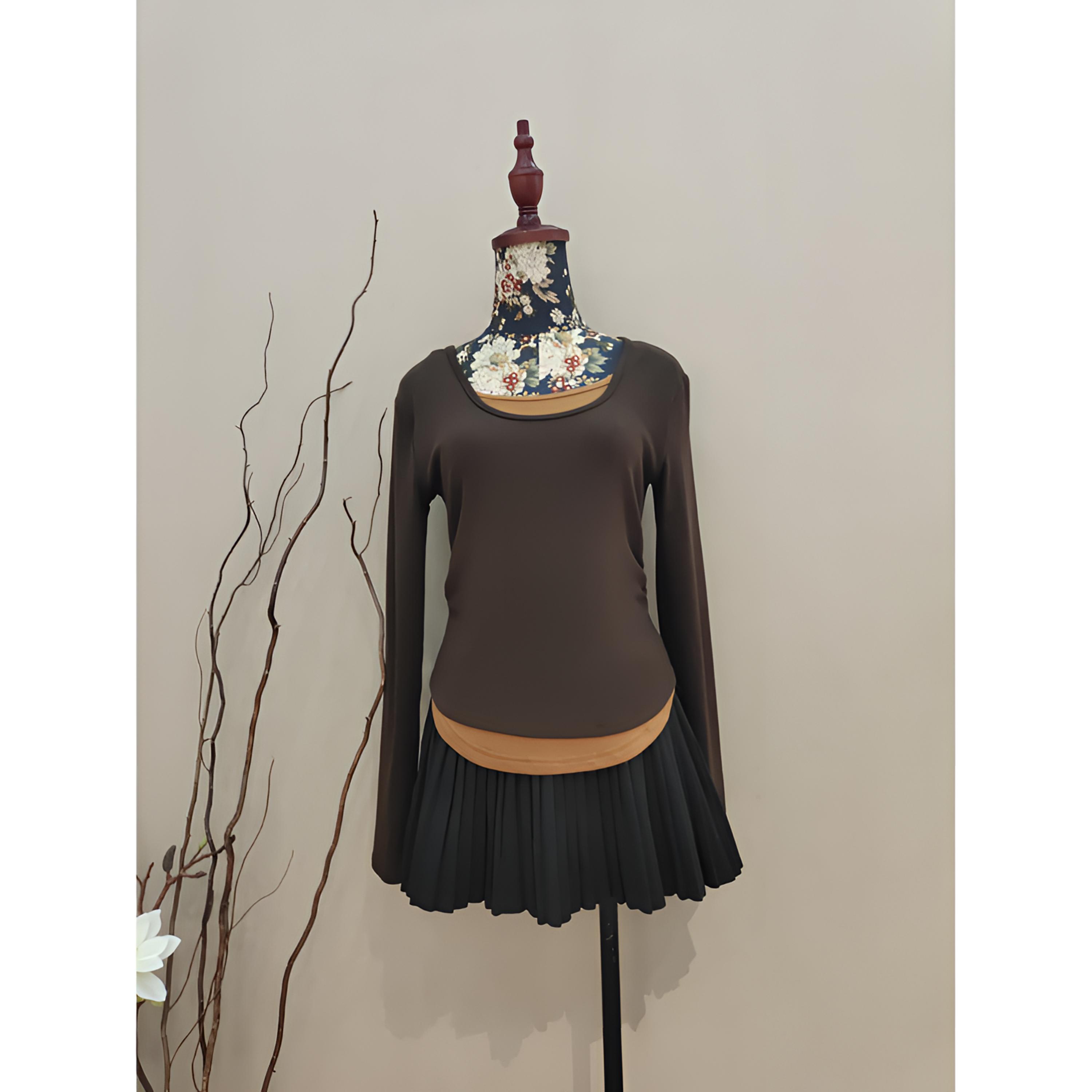 米雪严选一时尚百搭简约复古撞色拼接设计感纯色修身显瘦长袖T恤