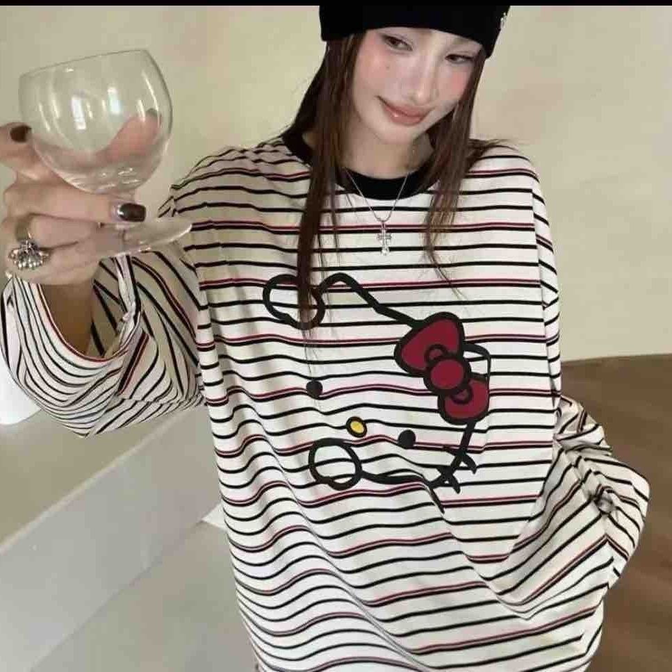 时尚字母小狗印花条纹长袖女春秋新款宽松卫衣潮