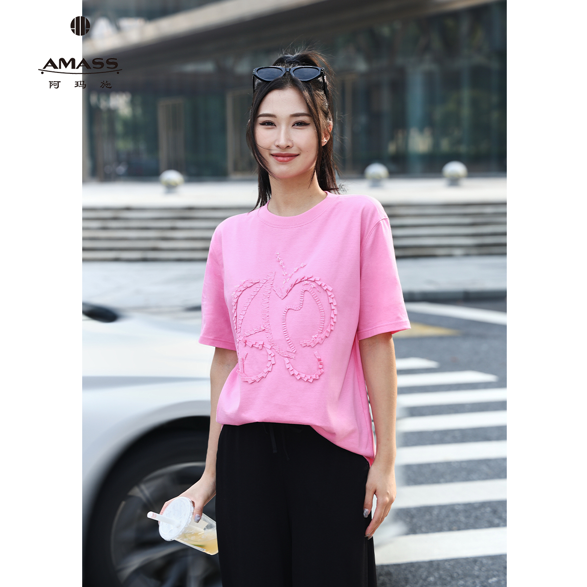 AMASS/阿玛施夏季新款休闲内搭宽松蝴蝶印花纯棉短袖T恤530092