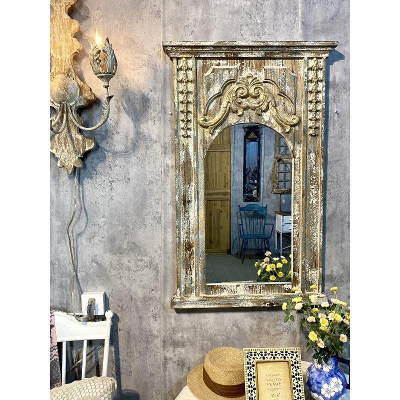 法式全身镜ins风雕花 复古实木挂镜壁挂式创意艺术镜子做旧装饰镜