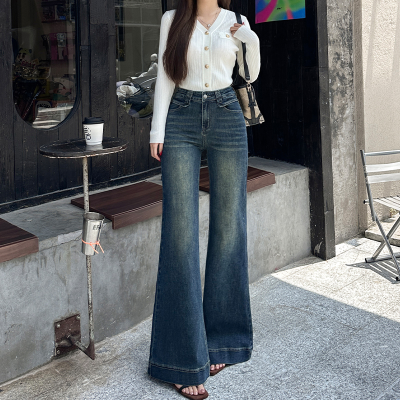 深蓝高腰微喇牛仔裤女2025秋季新款显瘦显高弹力垂感小个子喇叭裤