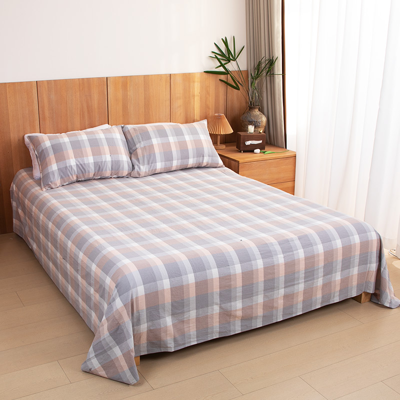 天竺良品水洗棉床单纱布棉格子睡单六宫格灰橘简约学生宿舍床单