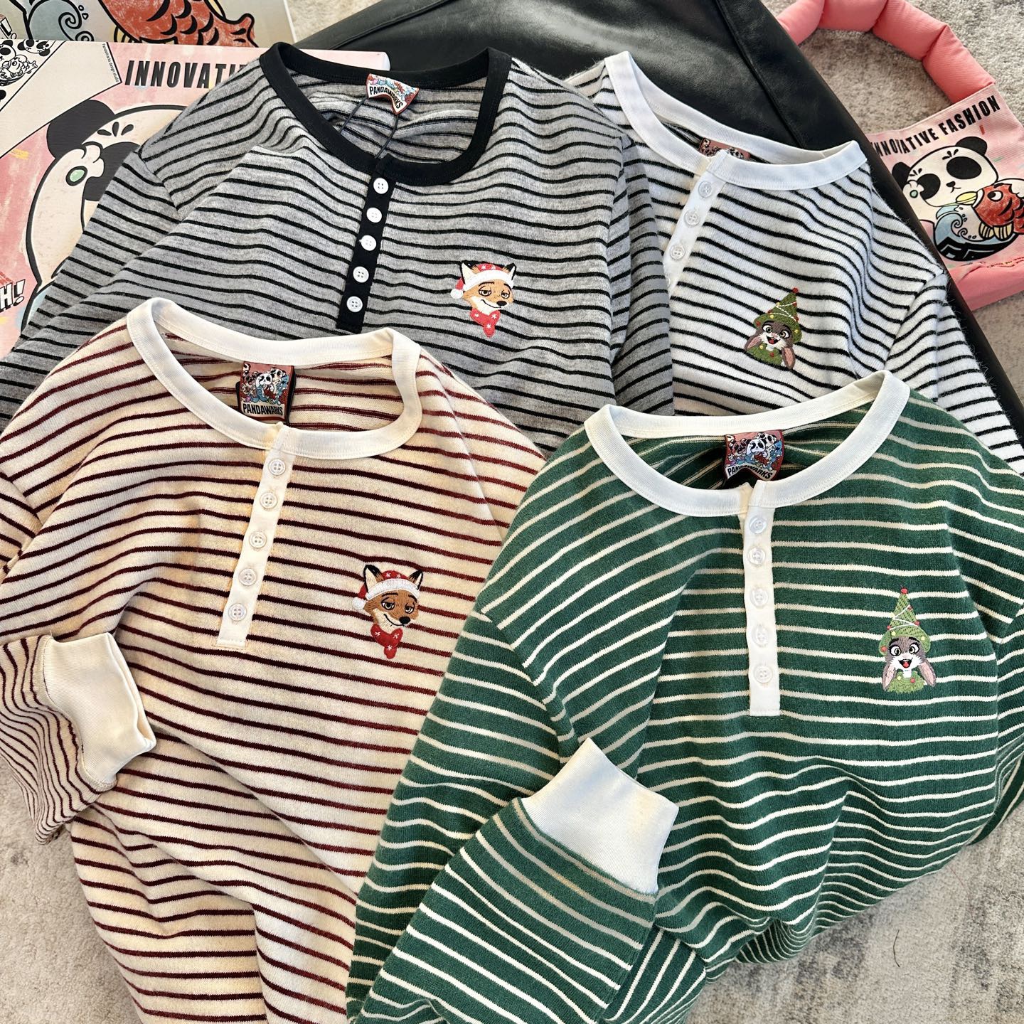 Pandawarks熊猫纯棉亨利领纯棉织线条纹打底衫t恤25449