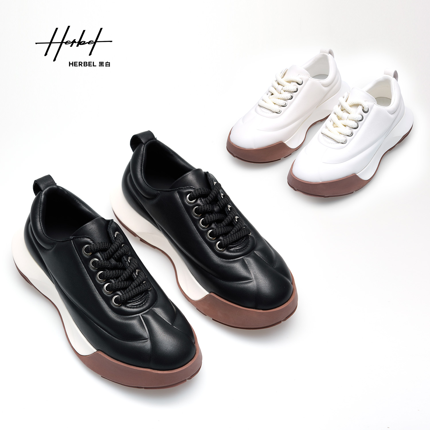 HERBEL/黑白2025秋季百搭休闲鞋透气牛皮革系带男士运动鞋双色潮