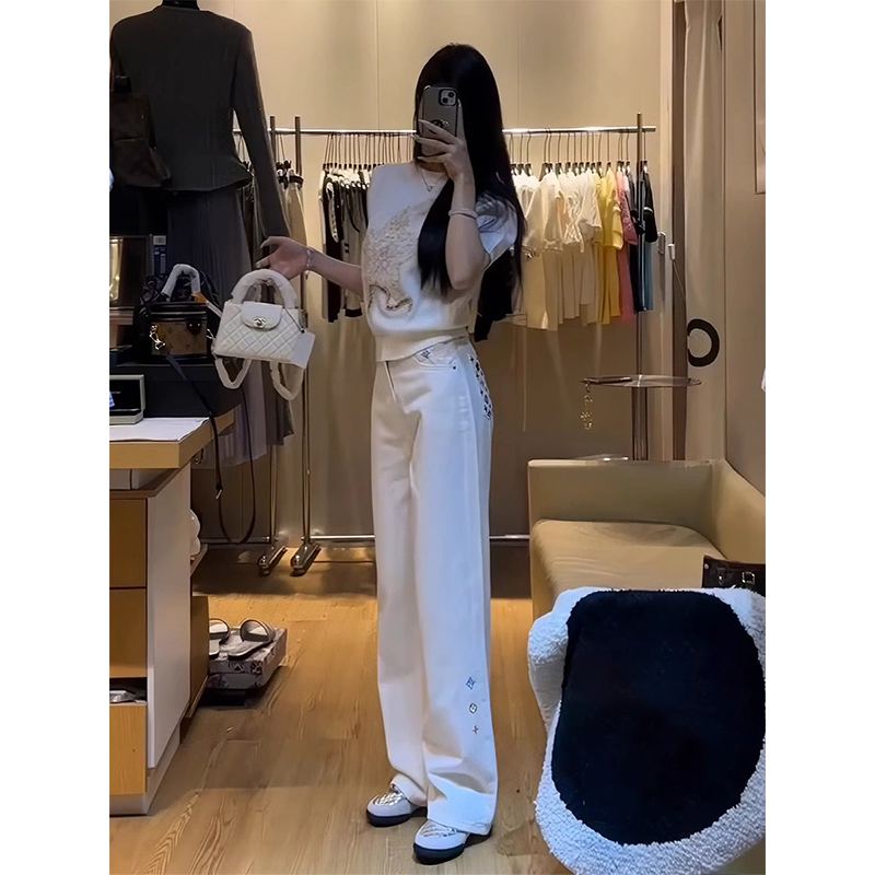 白色高级设计感重工彩色字母刺绣阔腿牛仔裤时尚宽松潮酷长裤