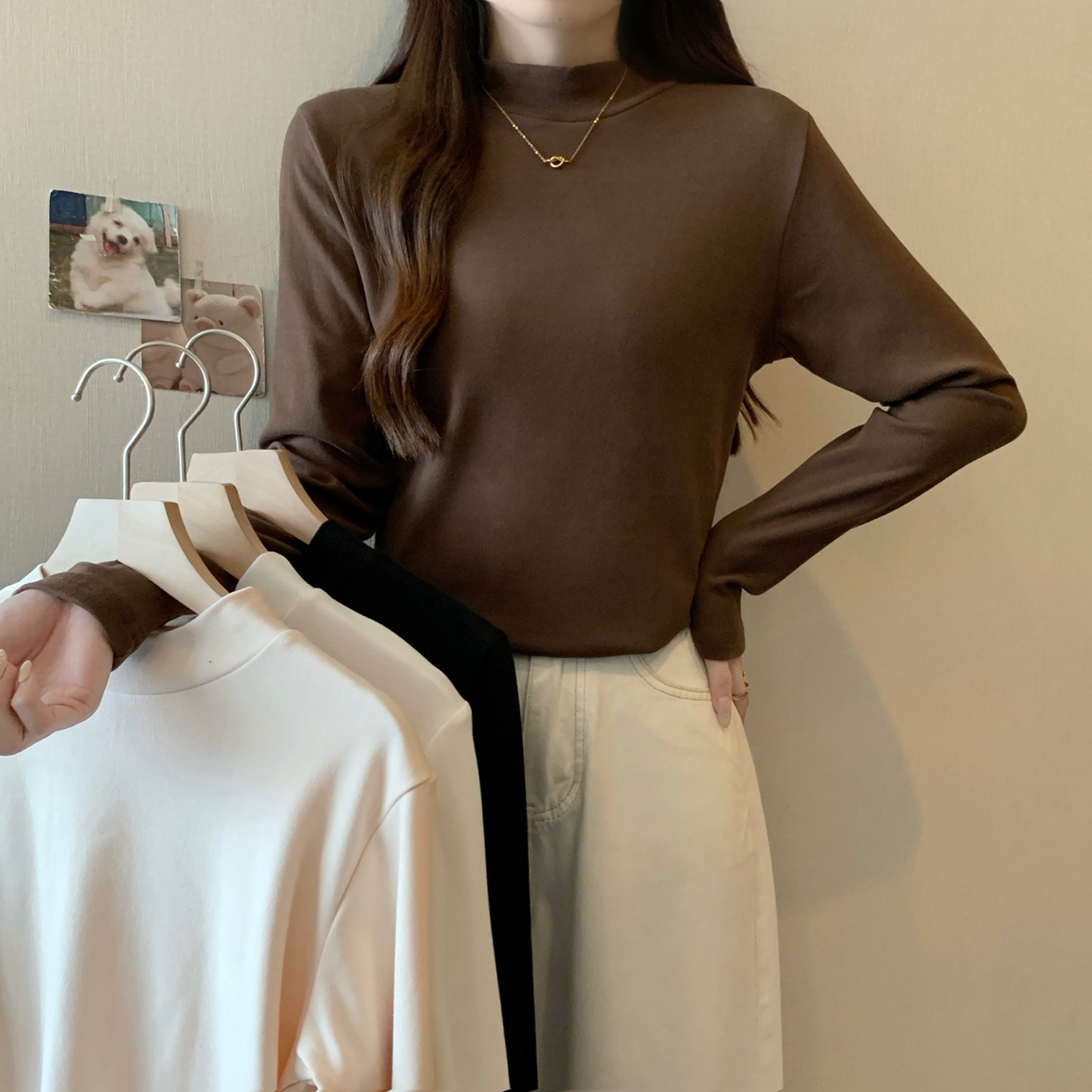 秋冬半高领德绒针织打底衫女修身显瘦内搭一体绒套头衫T恤66233#