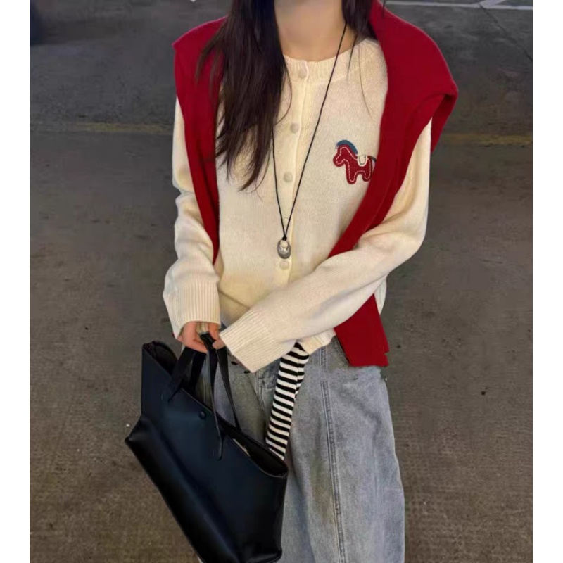 韩系圆领针织小马外套简约卡通针织开衫