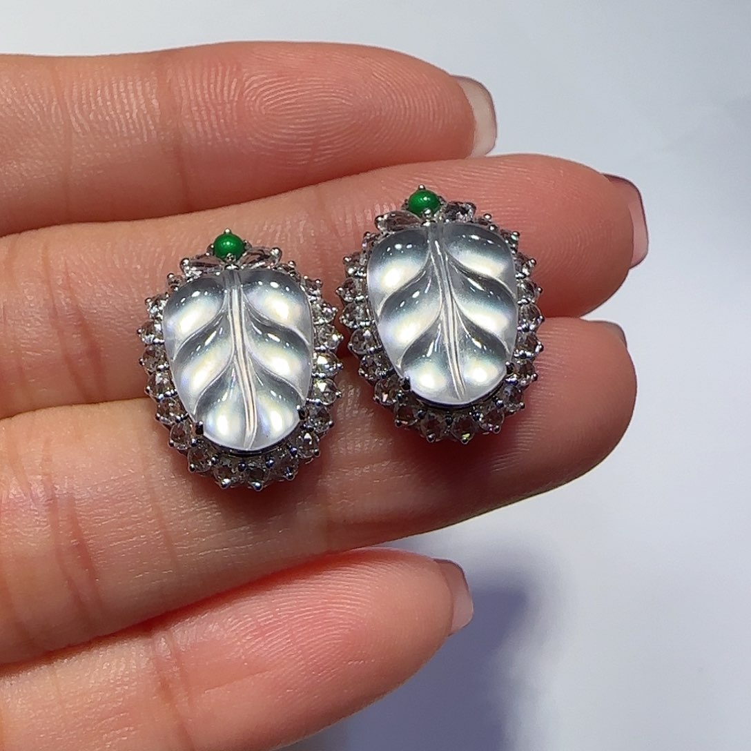 翡翠耳钉18K金镶嵌叶子