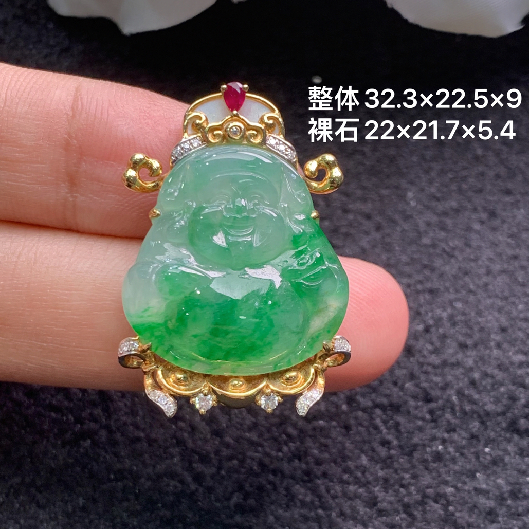 18k金镶嵌天然缅甸翡翠阳绿财神吊坠32.3×22.5×9/22×21.7×5.4