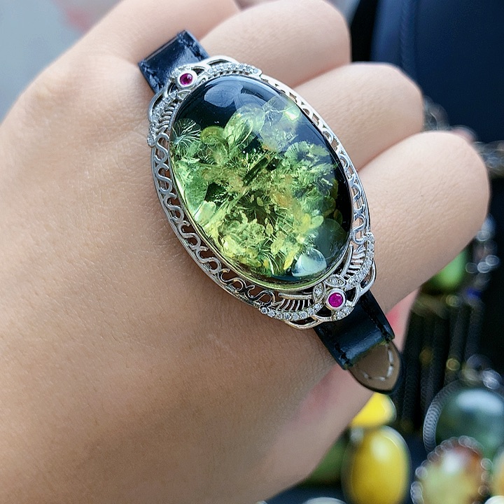 银S925镶嵌琥珀裸石手镯