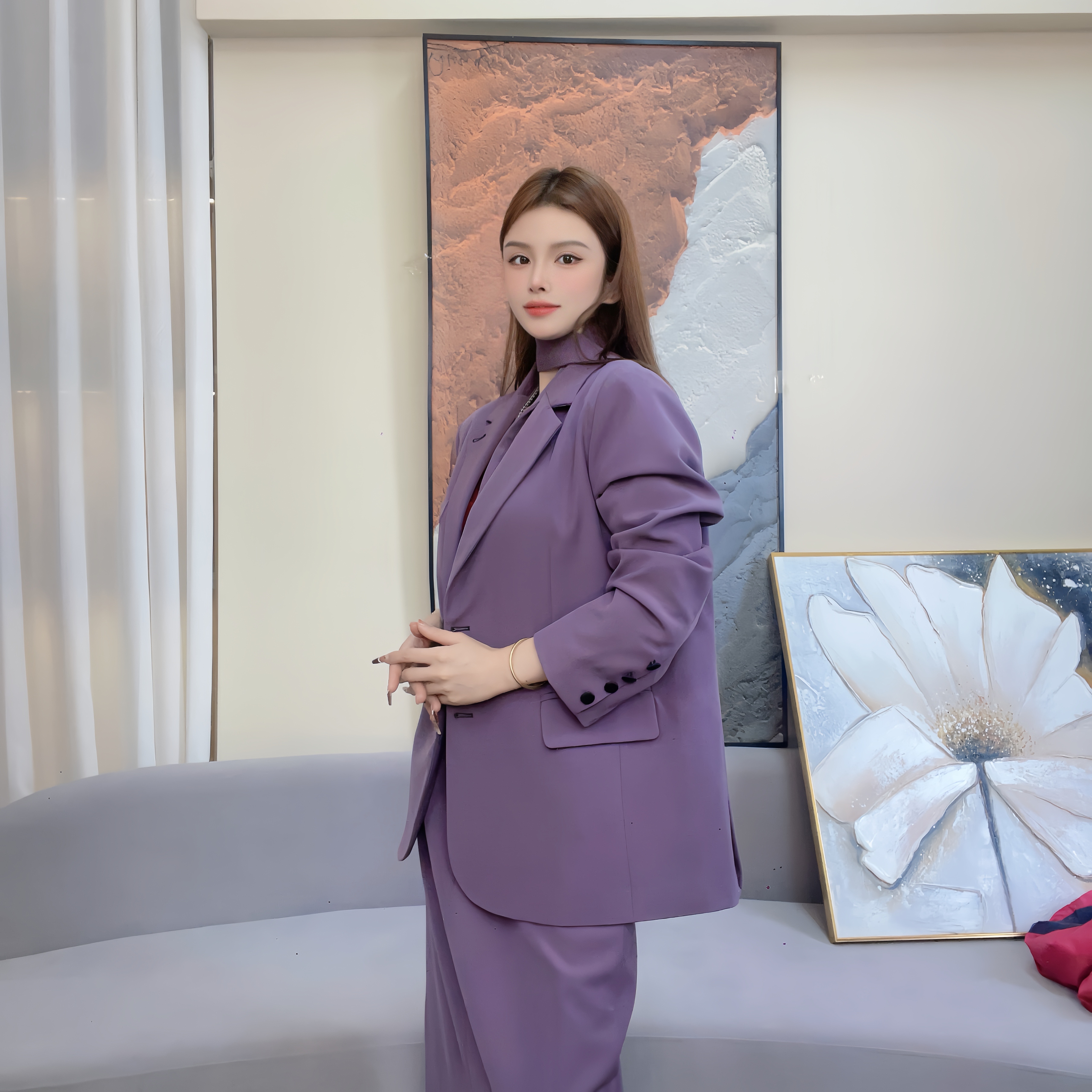 春秋高级感灰粉撞色显瘦时尚西装外套半身裙三件套女2025