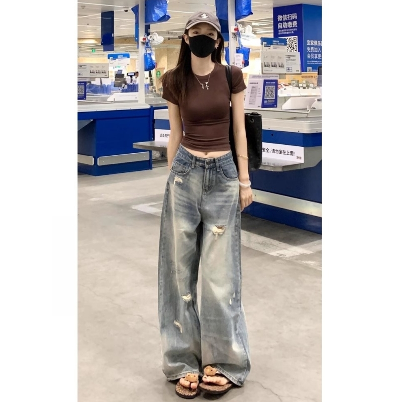 高个子加长版美式破洞阔腿牛仔裤女2025年夏季新款高腰直筒拖地裤