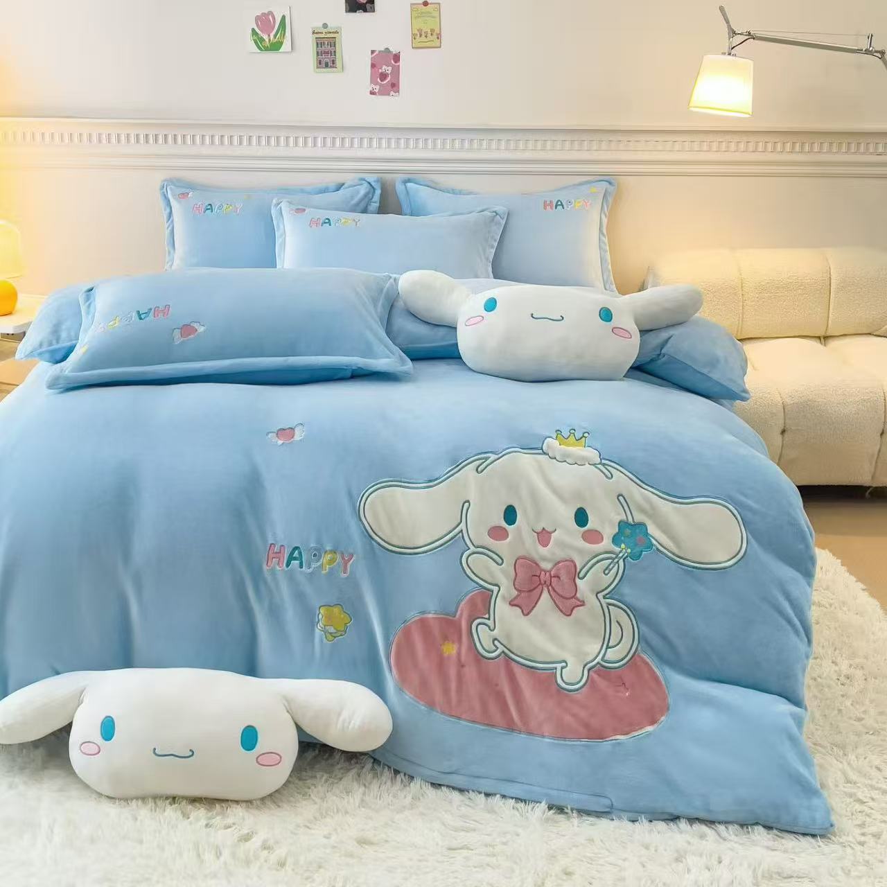 【轻眠坊】可爱卡通牛奶绒蚕丝绒四件套保暖加厚贴布绣女宝四件套