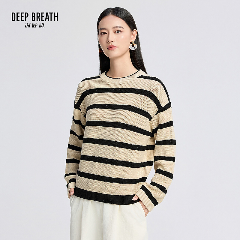 DEEP BREATH深呼吸女装简约圆领拼色珠片条纹长袖针织衫A302100