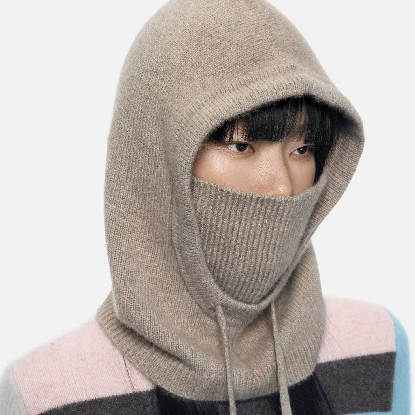 2025新款纯羊绒女针织帽滑雪加厚口罩毛线帽冬季帽子秋冬防风帽