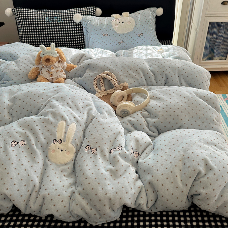 牛奶绒【蝴蝶结兔】加绒加厚四件套冬季双面绒床上三件被套床单被罩