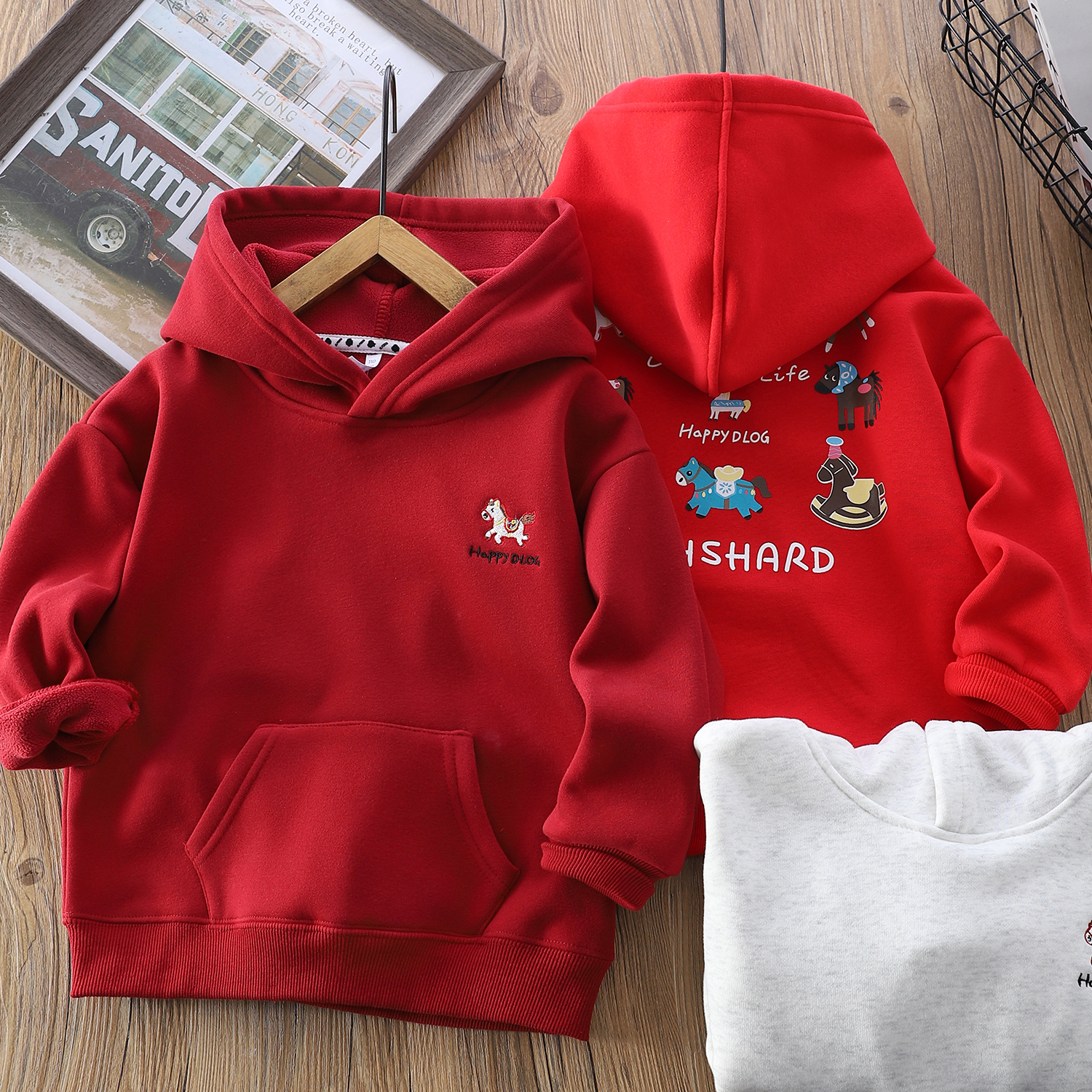 男童女童中大童加绒加厚卫衣马年连帽上衣儿童拜年服