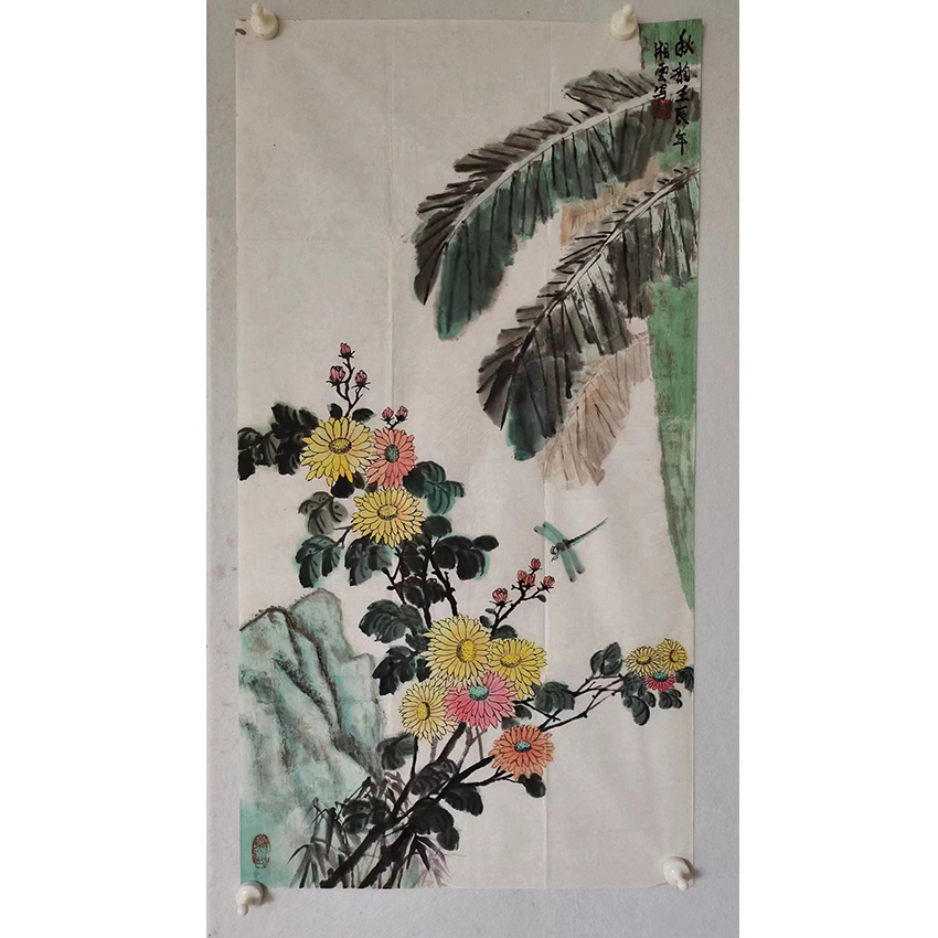 3577  纯手绘老字画《菊花》中堂  尺寸 100×53