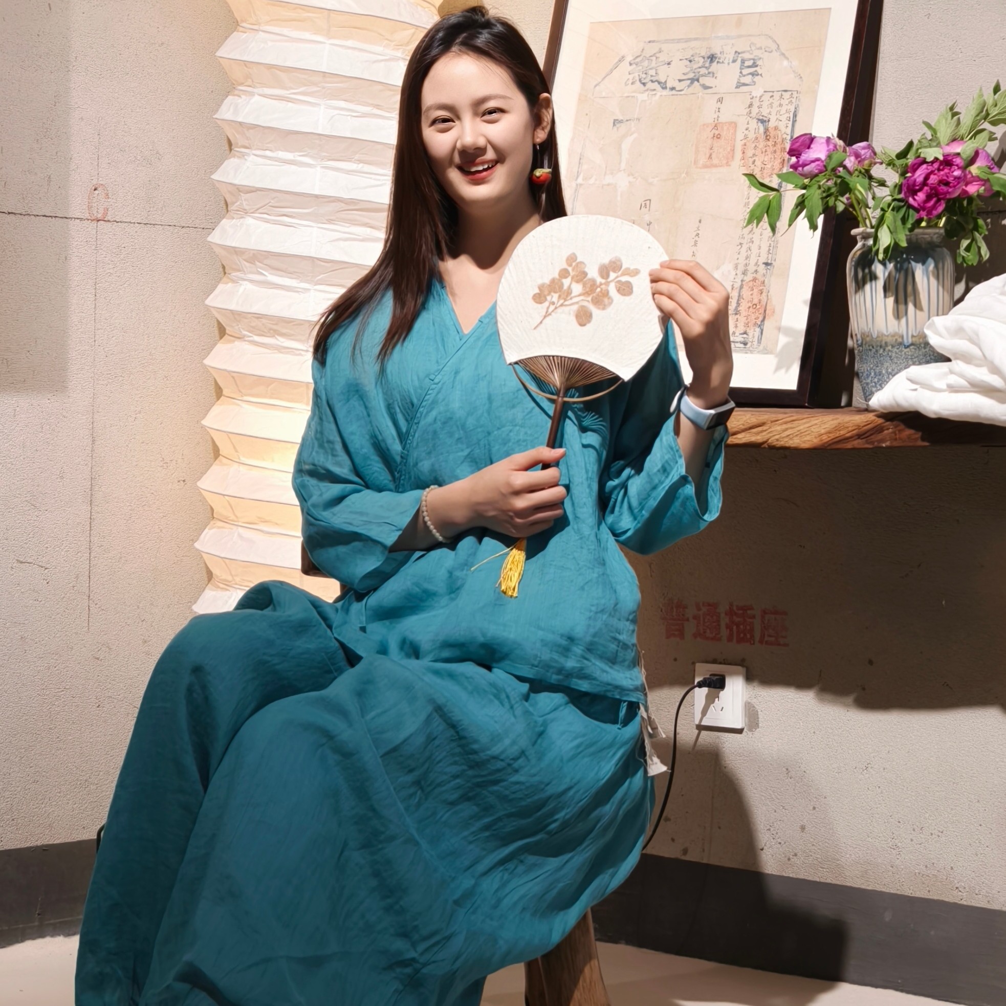 100支苎麻设计款 汉服灯笼裤套装送吊带 湖水蓝慵懒风