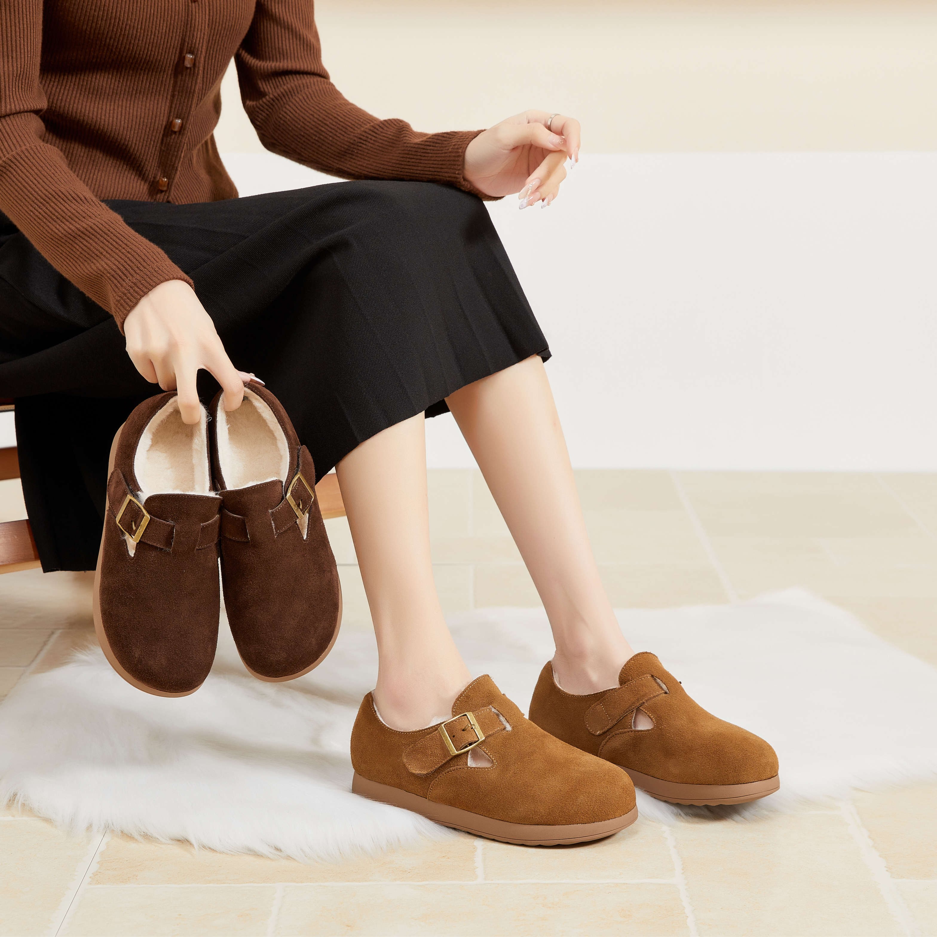 X2511-1 羊毛勃肯鞋冬季新款大码加绒女鞋平底豆豆鞋防滑棉鞋